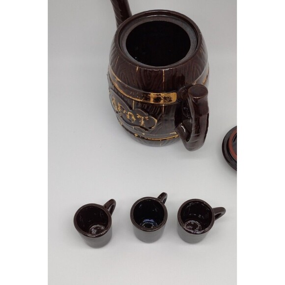 VTG 5" Barrel Teapot With 3 Mini Sipping Cups MCM Brown Gold Pottery Small Japan - Picture 5 of 11
